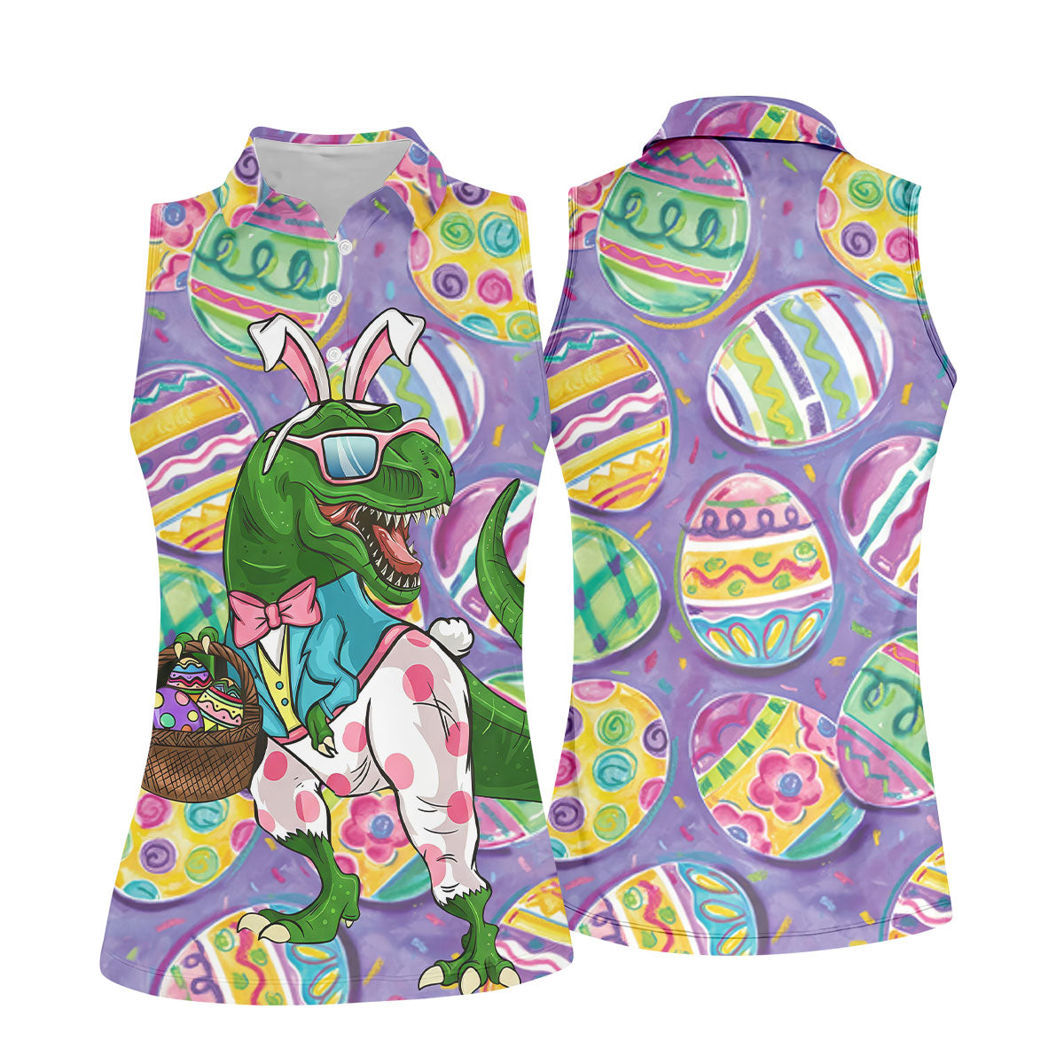 T-Rex Bunny Painted Easter Eggs Women Golf Top, Fun Women's Golf Shirts, Ladies Golf Shirts