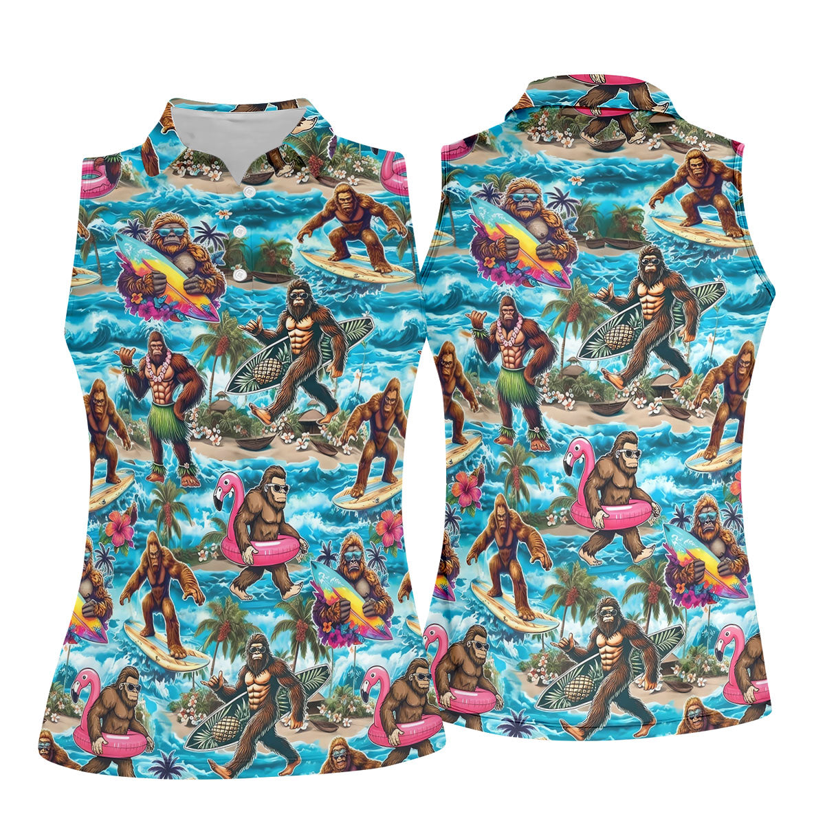Funny Bigfoot Hawaiian Golf Shirt, Beach Theme Women's Golf Tops, Ladies Golf Shirts