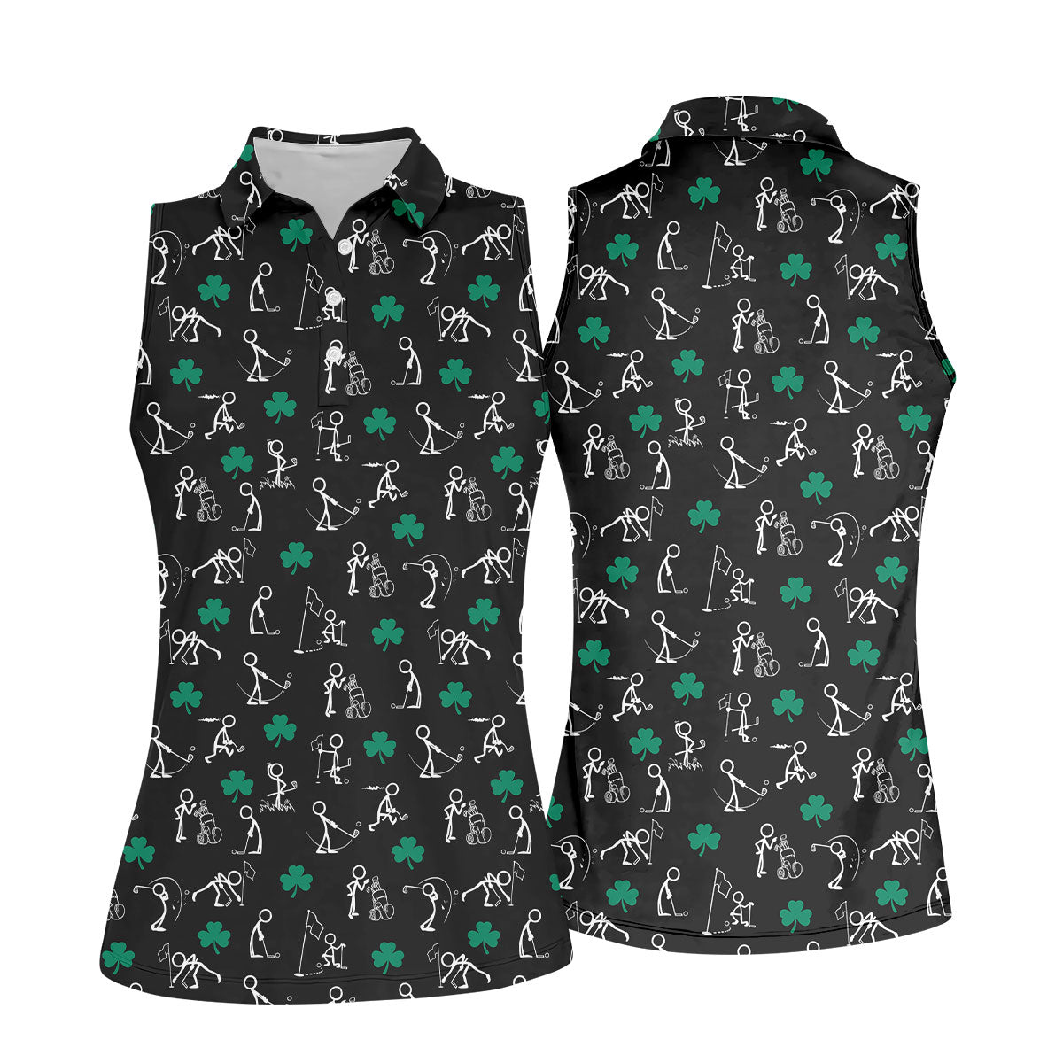 Stick Figure Golf Pose St Patrick's Day Shamrock Black Golf Shirt, Women's Golf Tops, Ladies Golf Polos