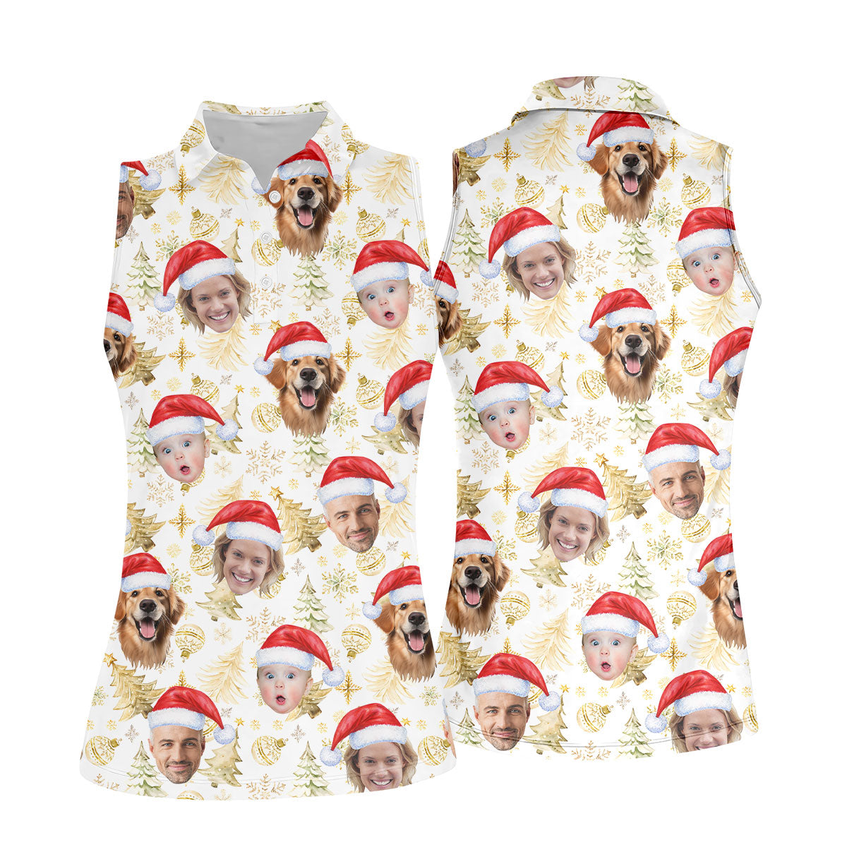 Custom Face Xmas Pattern Golden Print Christmas Golf Shirt, Ladies Golf Tops, Golf Gifts For Women