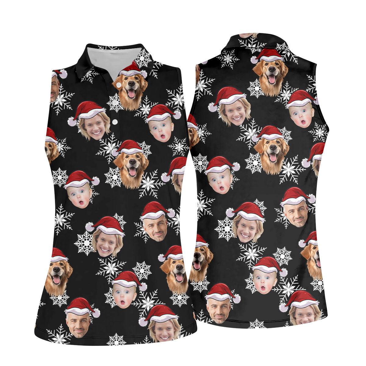 Custom Face Black Christmas Women's Golf Tops, Ladies Golf Shirts, Christmas Golf Gift