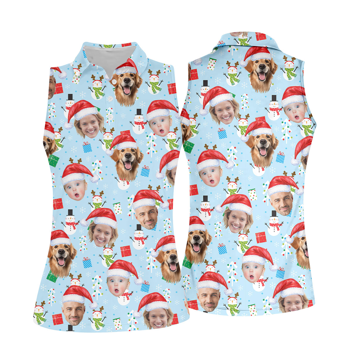 Custom Face Cute Snowman Pastel Blue Christmas Golf Shirt, Women's Golf Tops, Ladies Golf Shirts