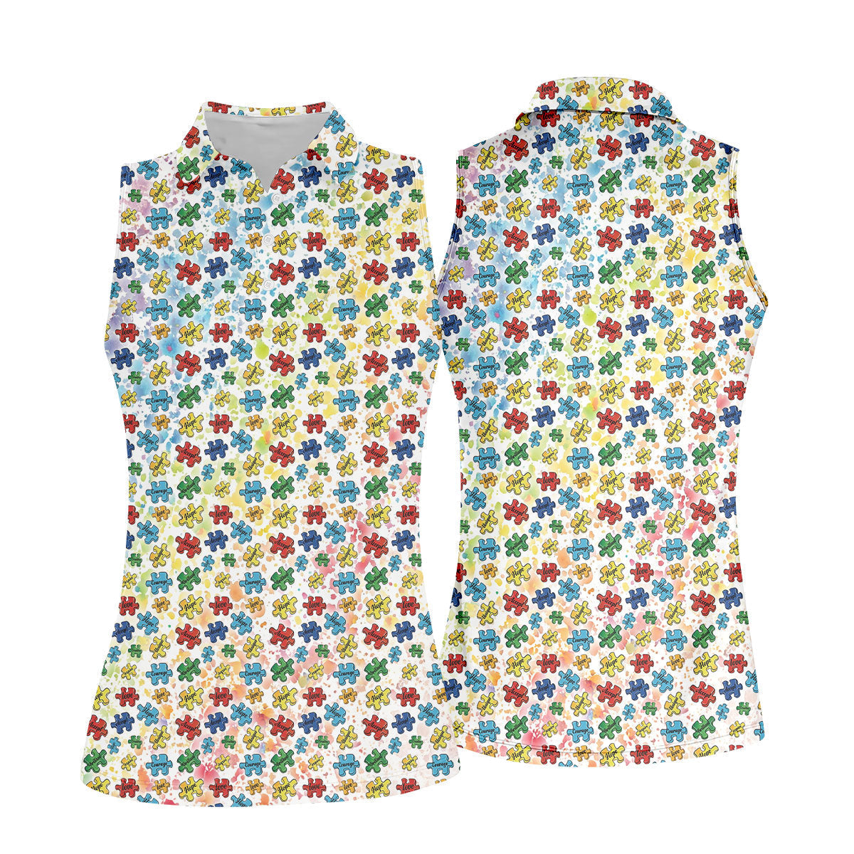 Autism Awareness Jigsaw Puzzle Pieces Rainbow Paint Splatter Golf Shirt For Women, Ladies Golf Polos