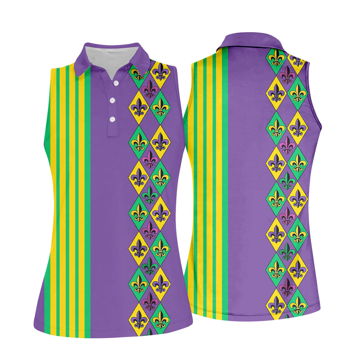 Fleur De Lis Argyle Pattern Purple Green Gold Stripes Women's Golf Shirts, Ladies Golf Polos, Golf Shirt For Women