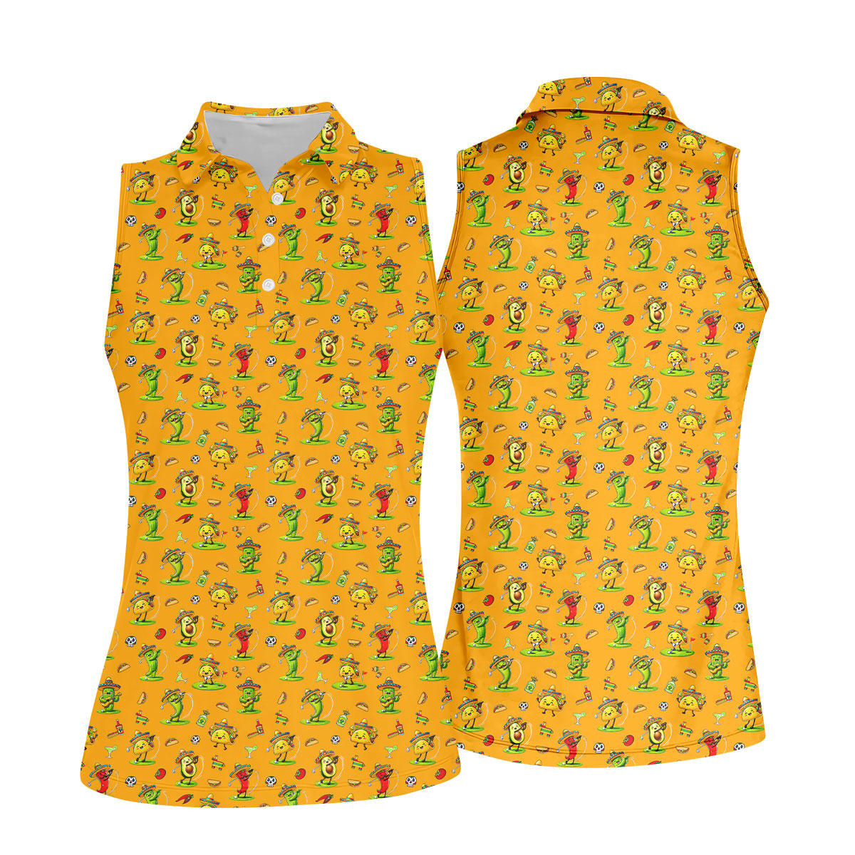 Mexican Cartoon Food Characters Cinco De Mayo Celebration Fiesta Themed Yellow Golf Shirt For Women