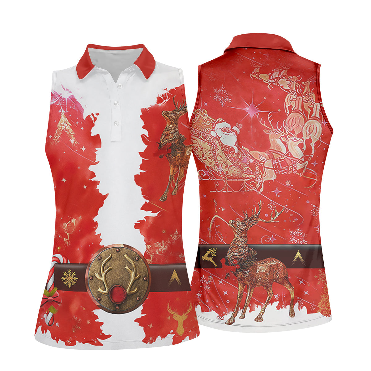 Santa Claus Christmas Print Fun Women's Golf Shirts, Cute Golf Outfit, Ladies Golf Shirts, Golfing Apparel