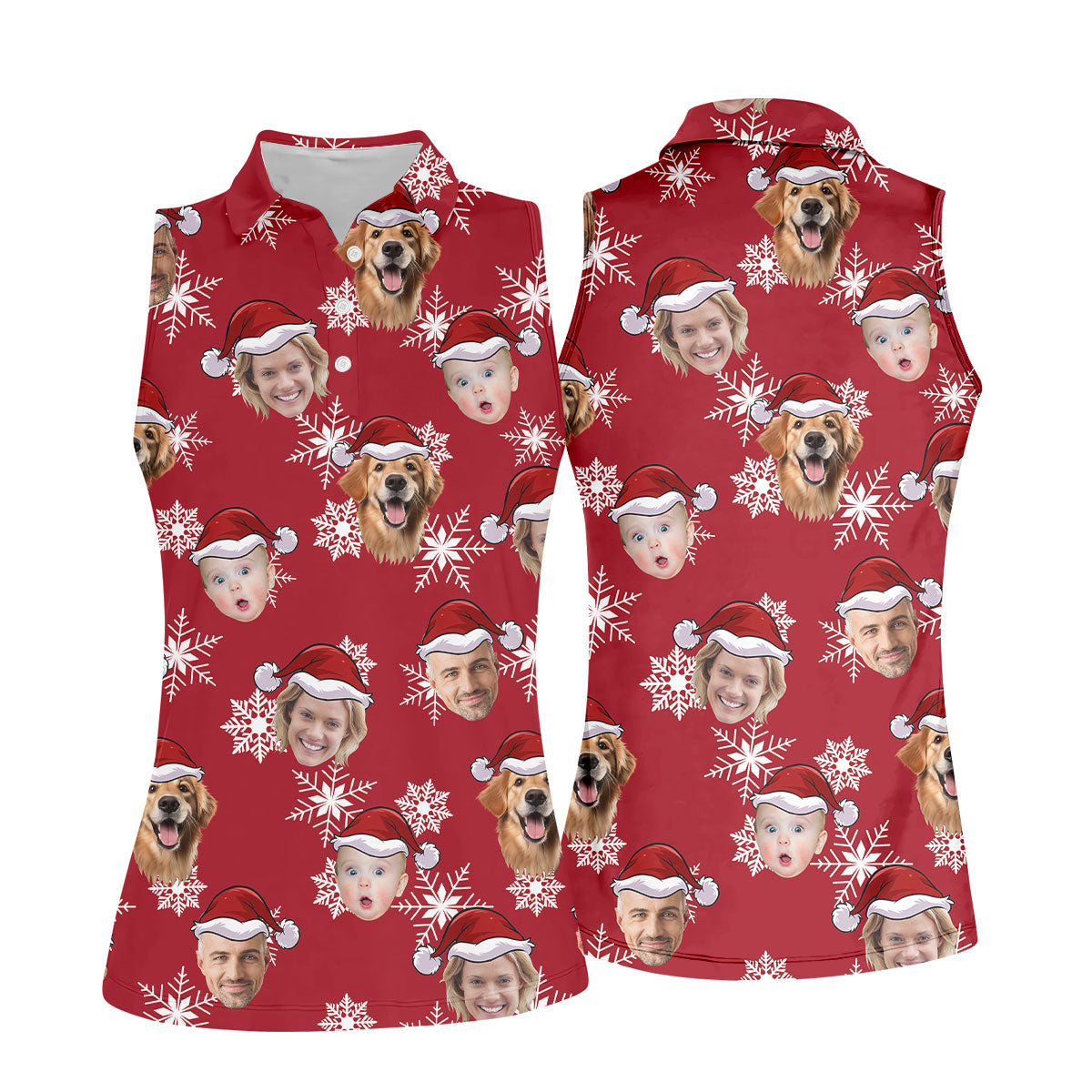 Custom Face Dark Red And White Christmas Women's Golf Tops, Ladies Golf Shirts, Christmas Golf Gift