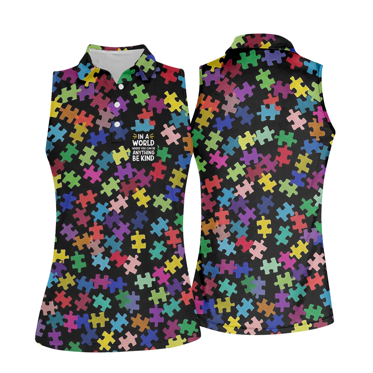In A World Where You Can Be Anything Be Kind Autism Awareness Puzzle Pattern Golf Shirt For Women, Ladies Golf Polos