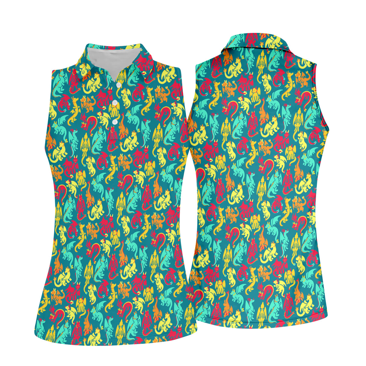 Cartoon Dragons Colorful Golf Shirt, Cute Golf Outfit, Women's Polo Shirt, Ladies Golf Shirts