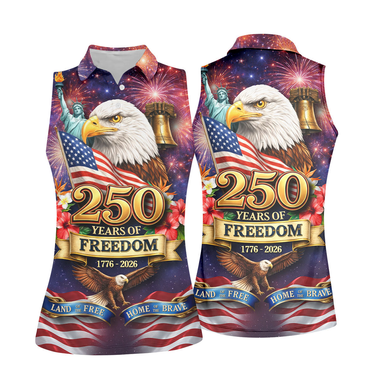 250 Years Of Freedom 1776-2026 Galaxy Pattern 4th Of July Women Golf Top, 250th Anniversary Patriotic Golf Shirt