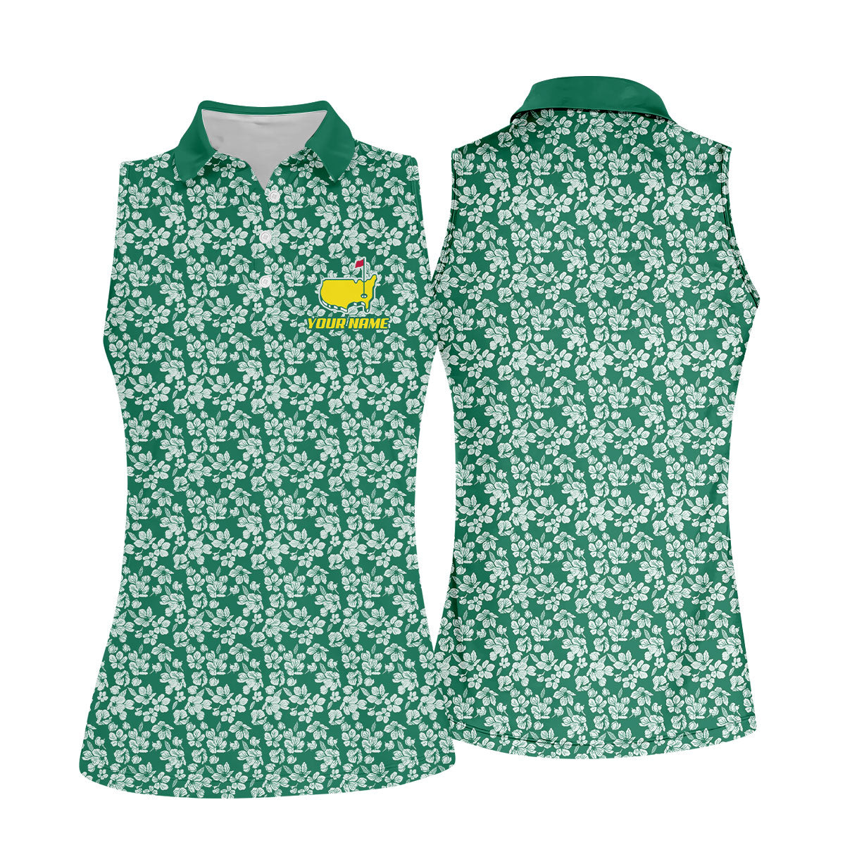 Floral Silhouette Green And White Women's Golf Tops, Ladies Golf Shirts, Women's Polo Shirt