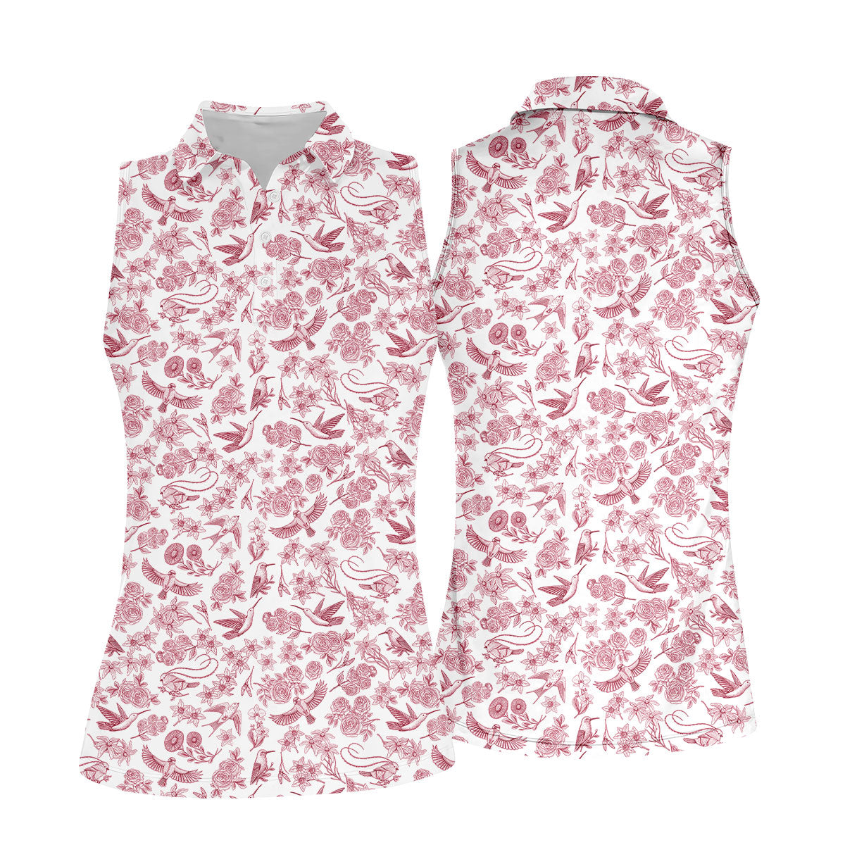 Custom Name Toile de Jouy Birds And Flowers White And Red Women Golf Top, Ladies Golf Polos