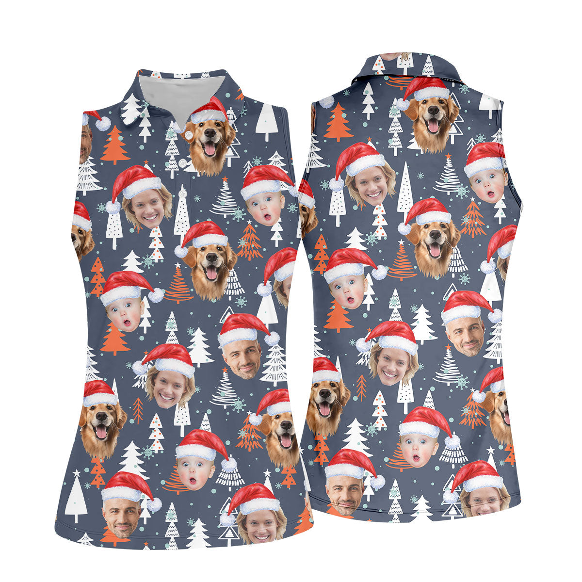 Custom Face White And Orange Xmas Pine Tree Christmas Golf Shirt, Ladies Golf Tops, Golf Gifts For Women