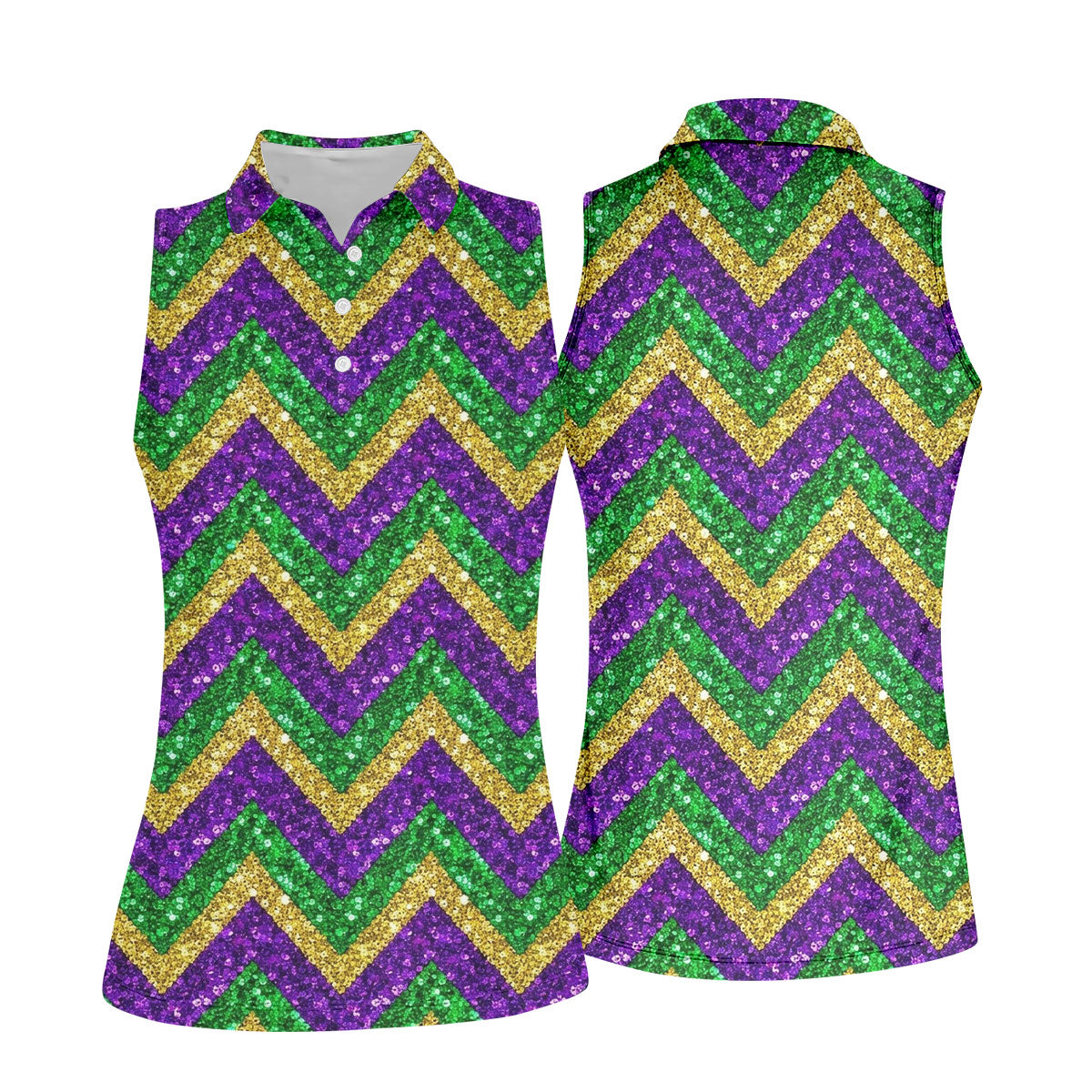 Mardi Gras Purple Gold Green Zigzag Pattern Glitter Print Women's Golf Tops, Women's Golf Shirts, Ladies Golf Polos