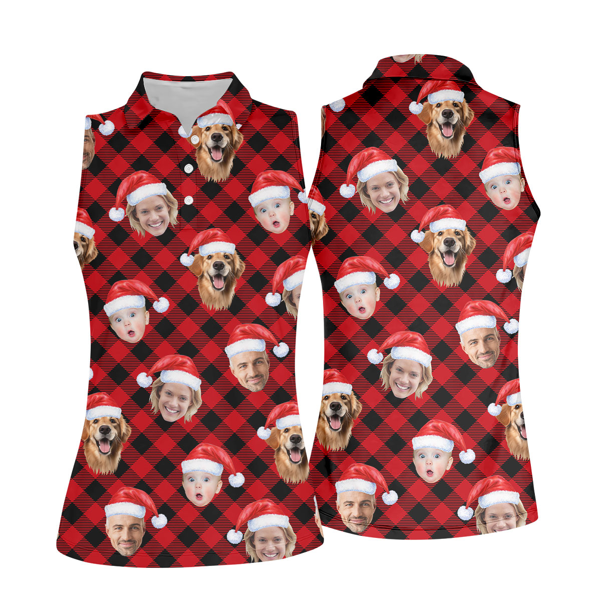 Custom Face Red And Black Checkered Christmas Golf Shirt, Women's Golf Tops, Ladies Golf Shirts