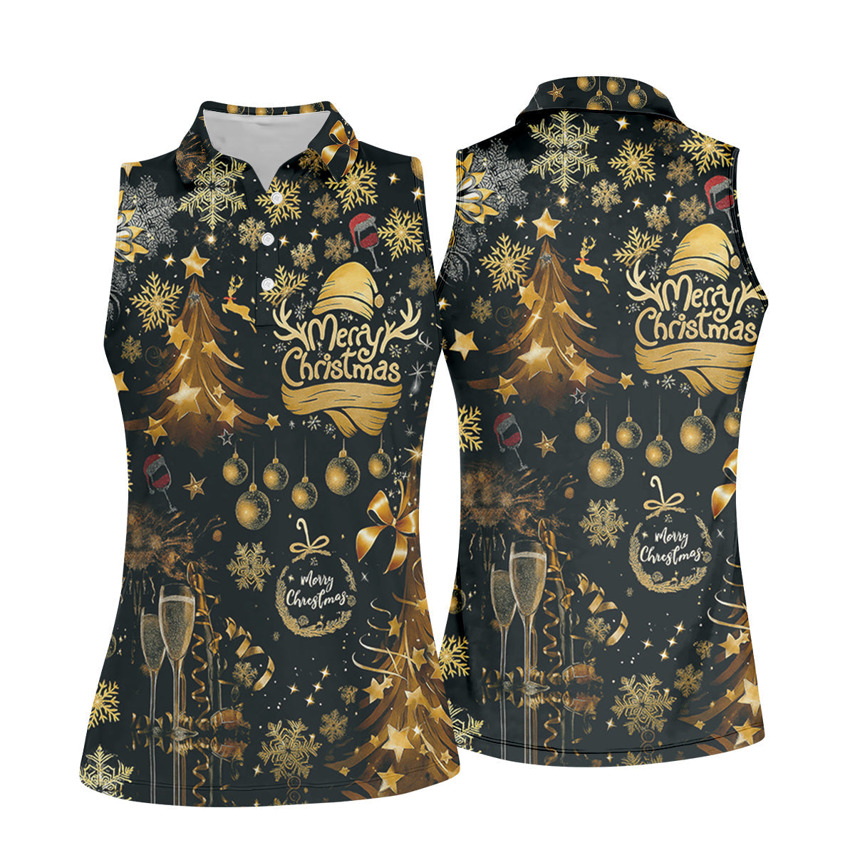 Champagne Golden Merry Christmas Women Golf Top, Christmas Golf Shirt, Ladies Golf Tops