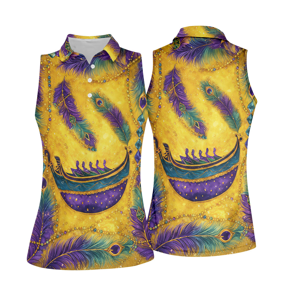 Mardi Gras Day Gradient Art Feather Print Retro Women's Golf Tops, Ladies Golf Shirts