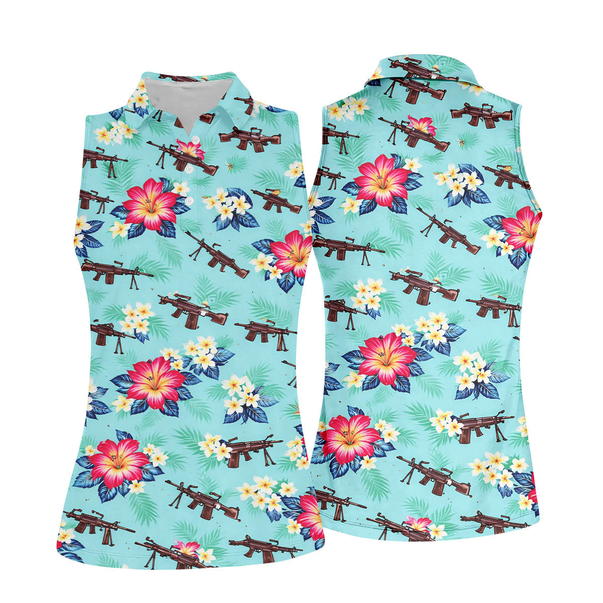 Floral Pattern Army Theme Hawaiian Golf Shirt, Women's Golf Tops, Ladies Golf Shirts