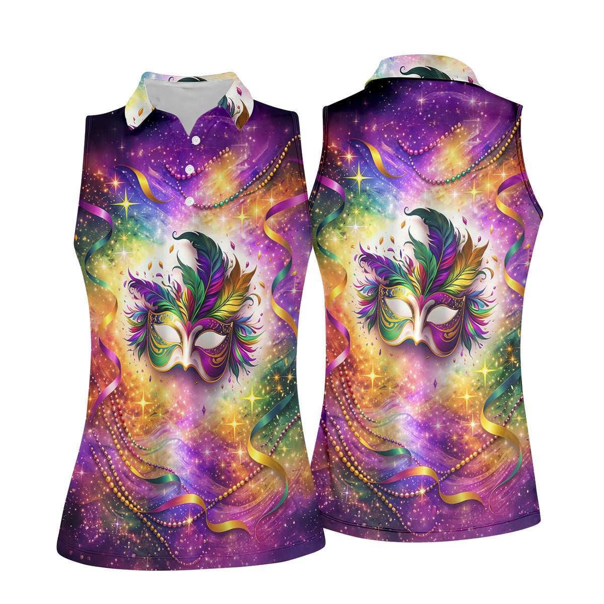 Carnival Mask Feather Print Purple Green Gold Dazzling Effect Mardi Gras Women's Golf Tops, Ladies Golf Shirts