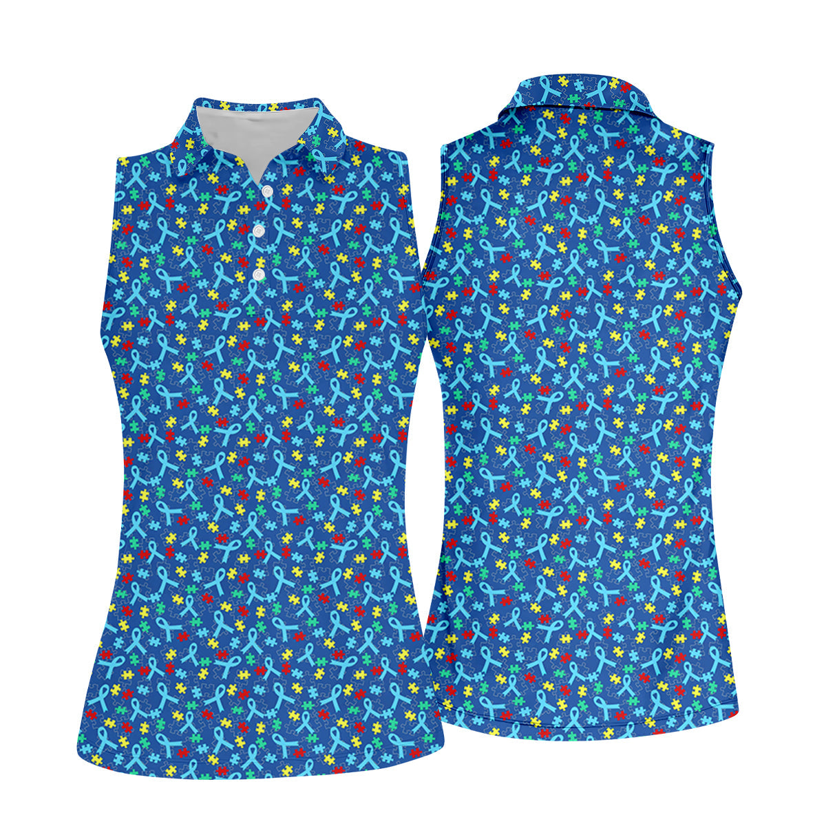 Autism Awareness Ribbon And Colorful Puzzles Blue Golf Shirt, Women's Golf Tops, Ladies Golf Shirts