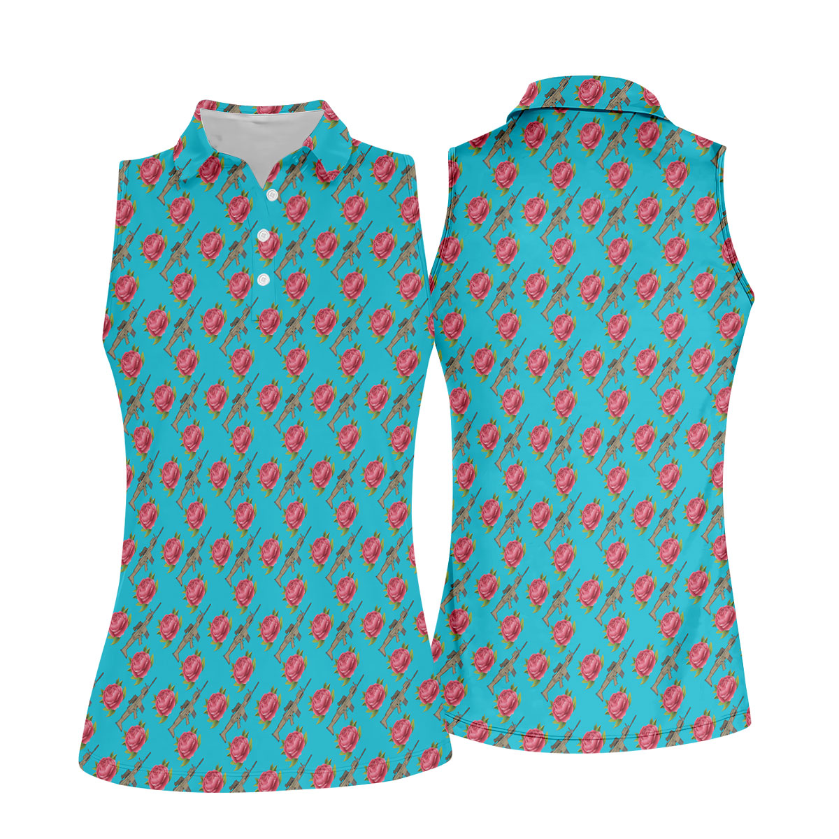 Gun And Rose Seamless Pattern Blue Golf Shirt, Women's Golf Tops, Ladies Golf Shirt