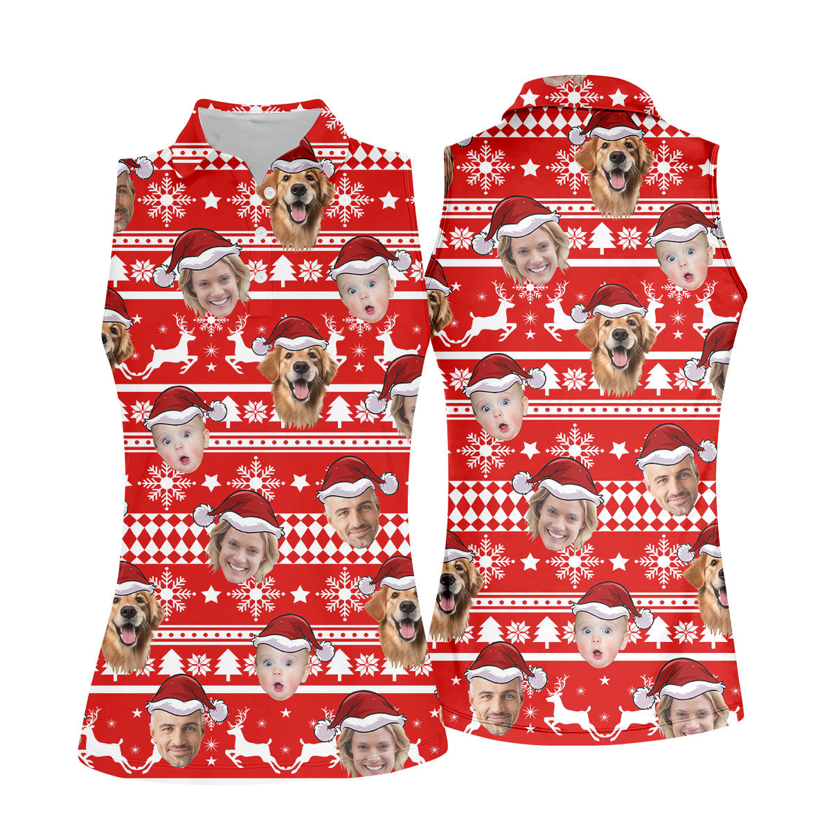 Custom Face Red And White Christmas Women's Golf Tops, Ladies Golf Shirts, Christmas Golf Gift