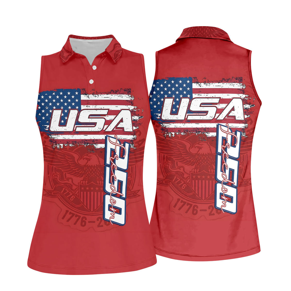 USA 250 Freedom Flag And Bald Eagle Ladies Golf Tops, Patriotic 4th Of July Golf Shirt For Women