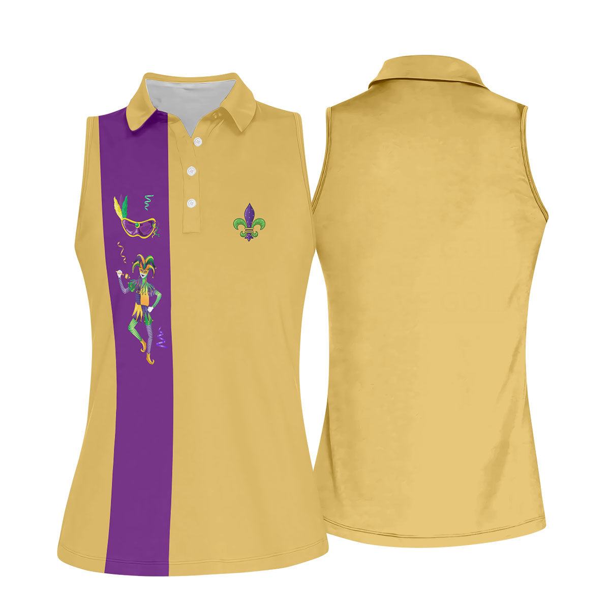 Mardi Gras Festival Jester Figure Fleur De Lis Symbol Yellow Golf Shirt, Women's Golf Tops, Ladies Golf Polos