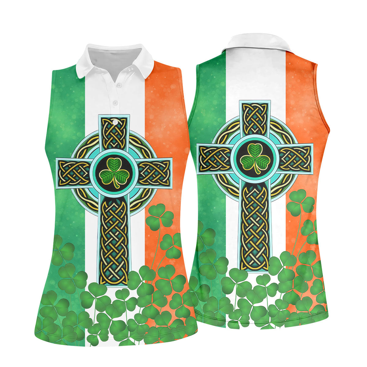Celtic Cross Knotwork St Patrick's Day Shamrock Golf Shirt, Women's Golf Tops, Ladies Golf Shirts