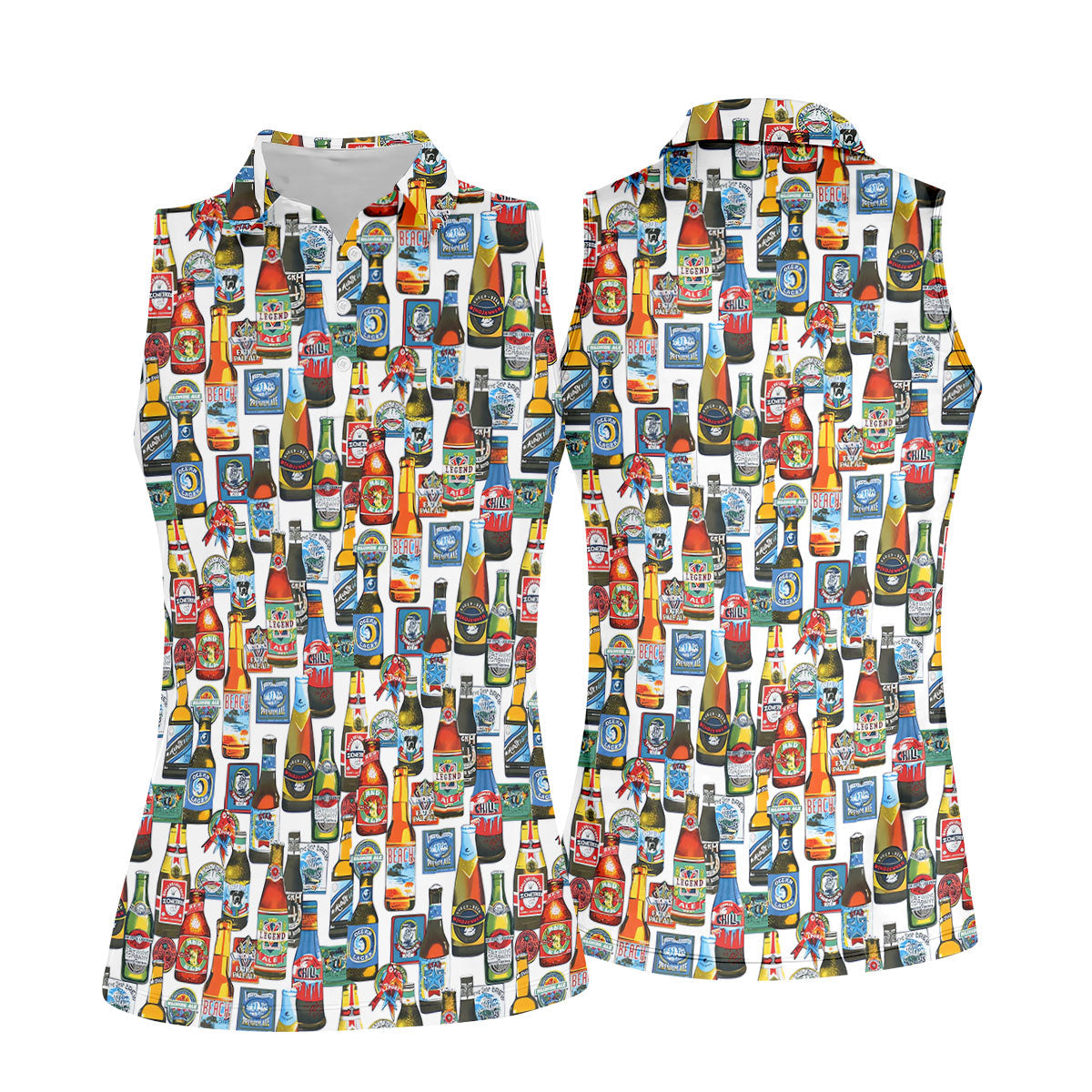 Beer Bottle Labels White Golf Shirt, Fun Women's Golf Shirts, Women's Golf Tops, Ladies Golf Shirt