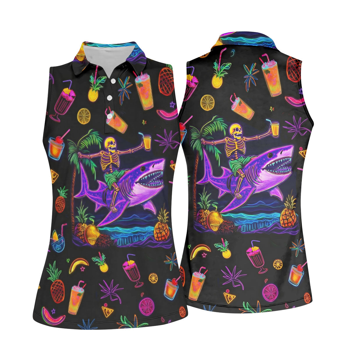 Neon Shark Beach Party Pattern Golf Shirt, Women's Golf Shirt, Hawaiian Golf Shirt, Golf Polo For Women