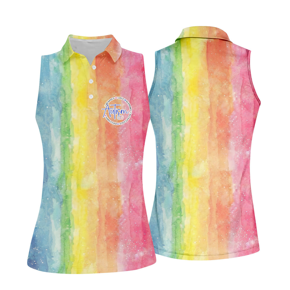 Autism Awareness Watercolor Rainbow Ladies Golf Tops, Women's Golf Shirts, Ladies Golf Polos,