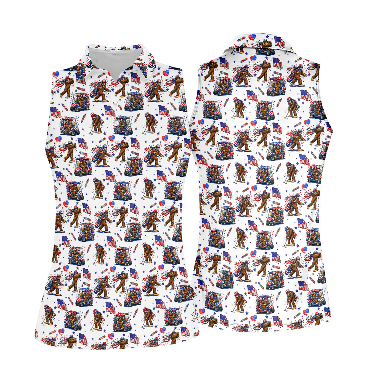 Funny Bigfoot 4th Of July With American Flag Pattern White Women Golf Top, 250th Anniversary Patriotic Golf Shirt