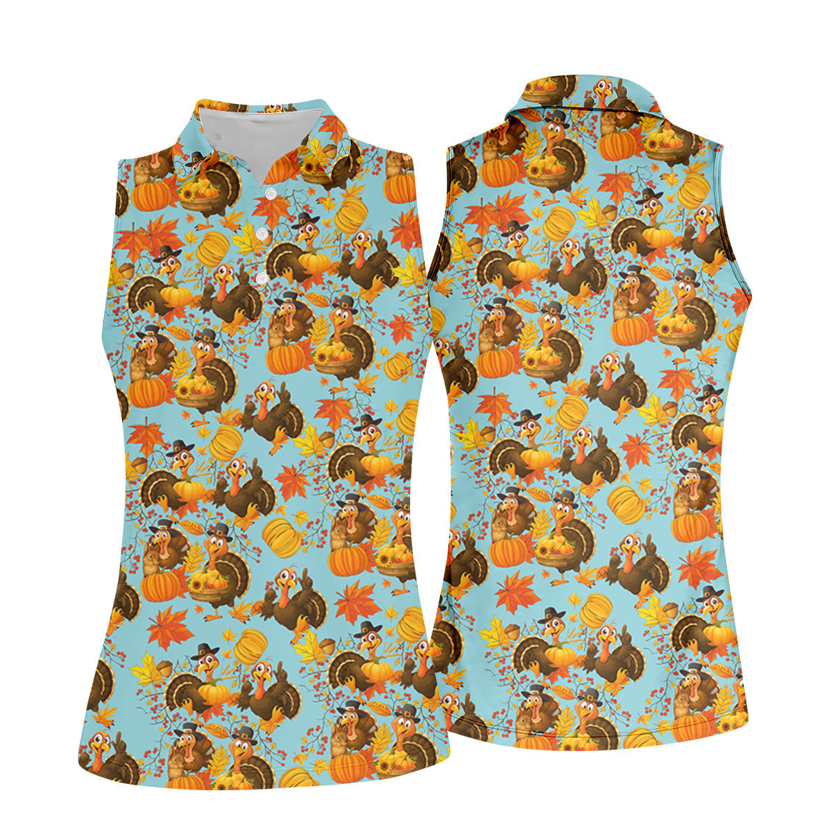 Turkey Pumpkin Thanksgiving Holiday Blue And Orange Ladies Golf Tops, Women Golf Top, Golf Gift For Ladies