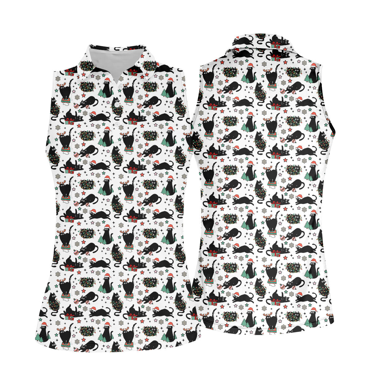 Xmas Black Cat Women's Golf Shirts, Ladies Golf Tops, Golf Gifts For Women, Christmas Golf Shirt