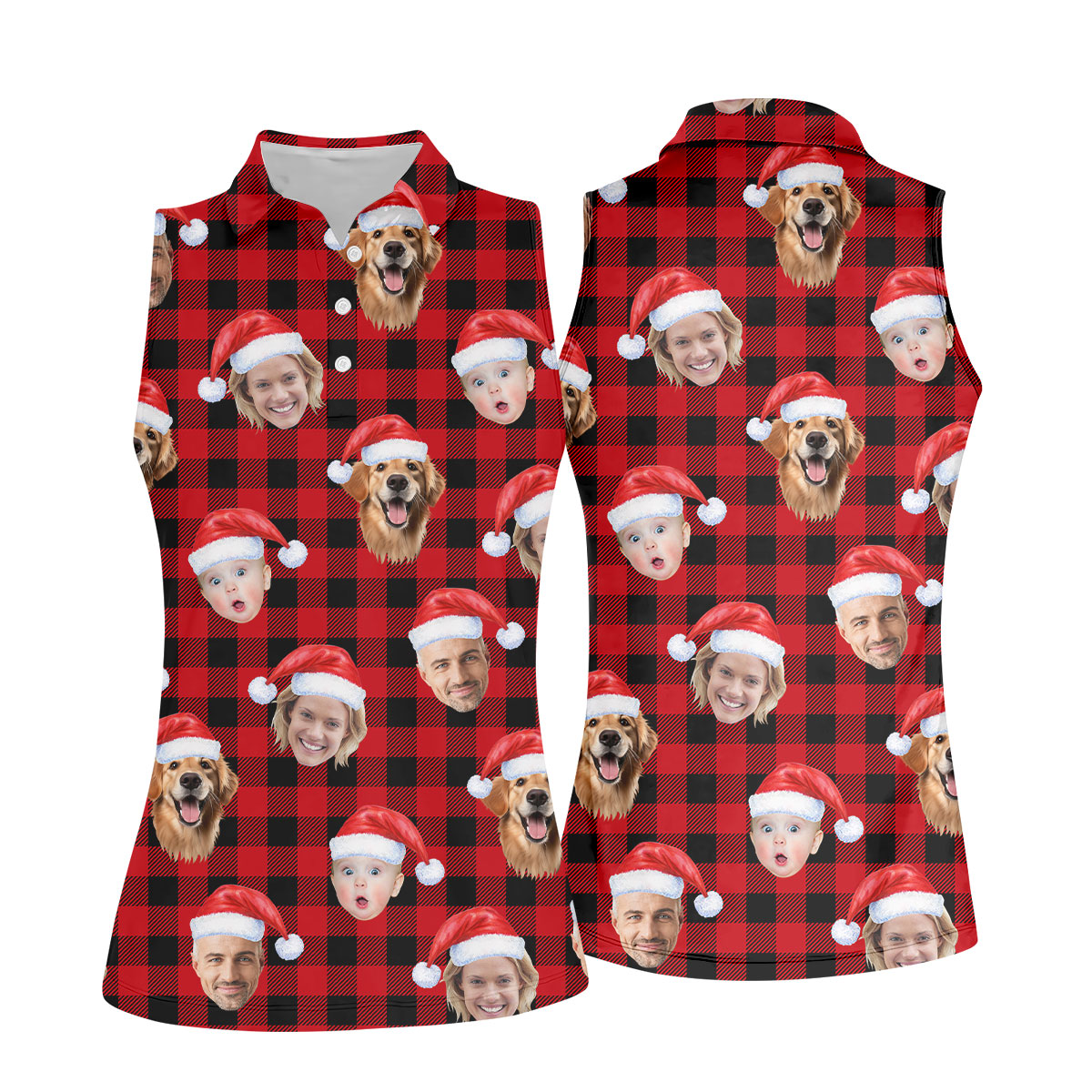 Custom Face Black And Red Checkered Christmas Golf Shirt, Ladies Golf Tops, Golf Gifts For Women