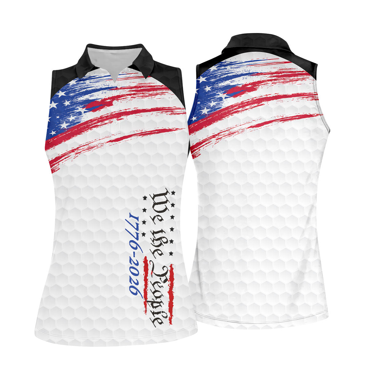 We The People 1776-2926 American Flag Brush Black Golf Shirt, 250 Years Patriotic 4th Of July Golf Shirt For Women