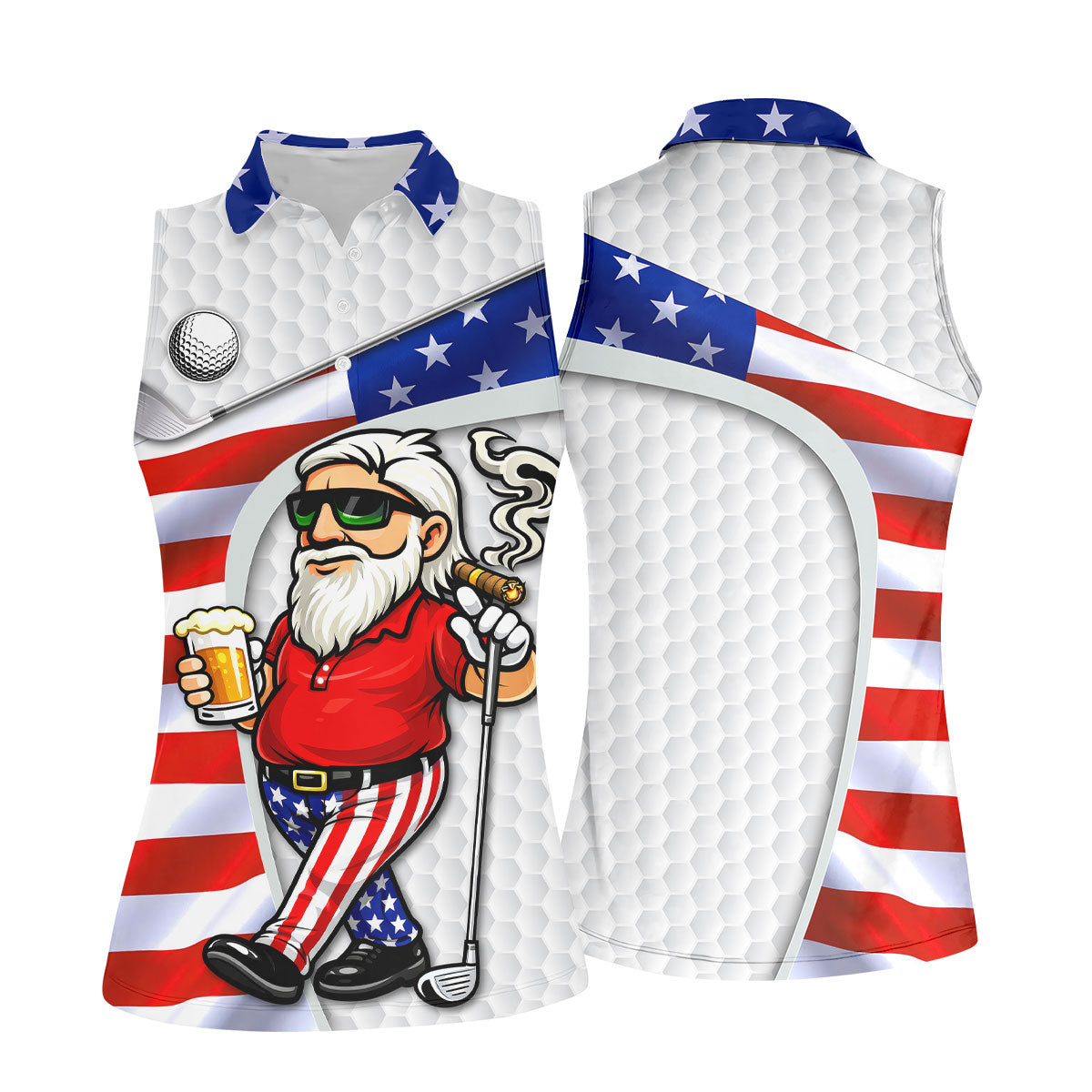 Golf And Beer Patriotic Man Golf Ball Pattern 4th Of July White Golf Shirt, 250th Anniversary Women's Golf Tops
