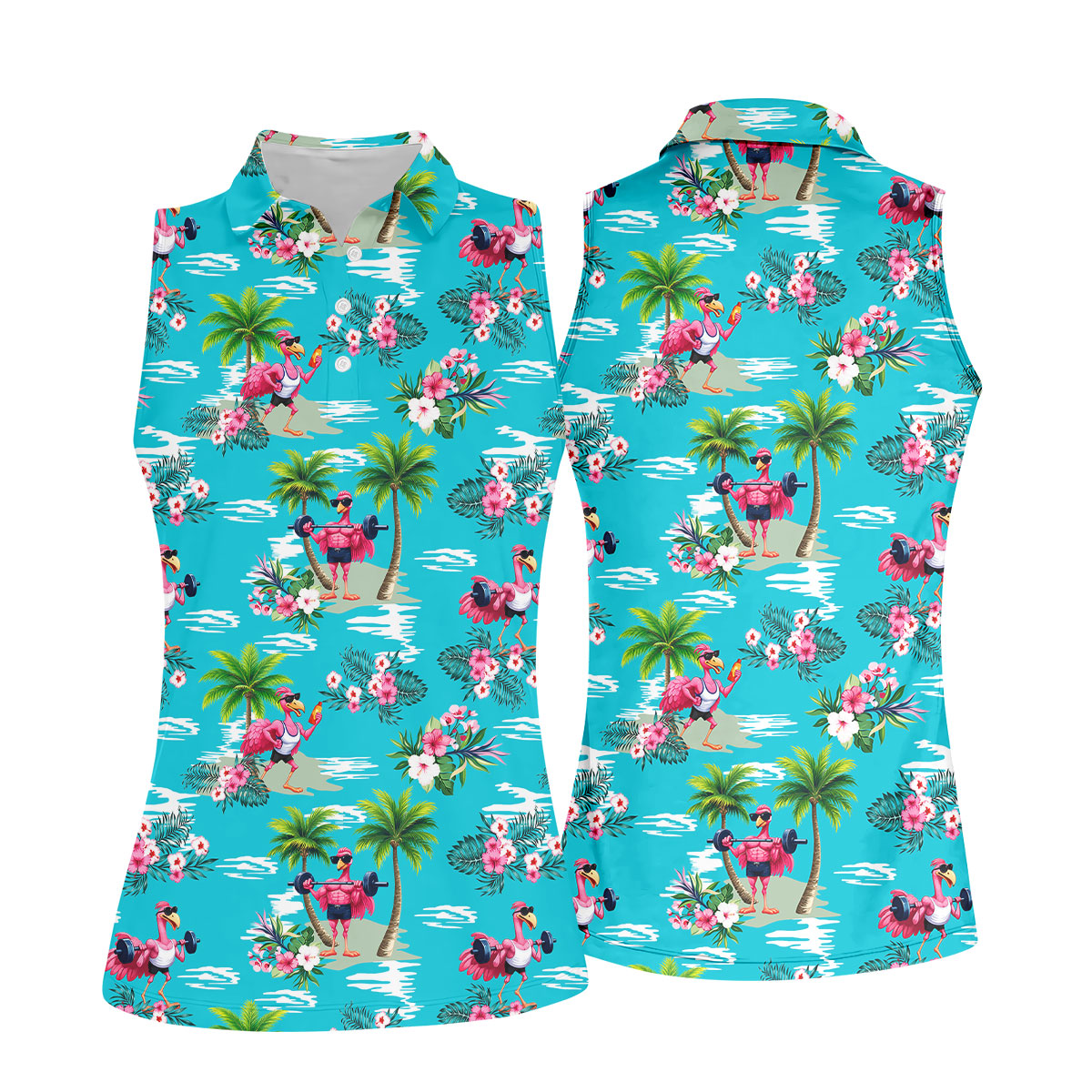Funny Weightlifting Flamingo Tropical Hawaiian Golf Shirt, Golf Polo For Women, Printed Golf Shirt
