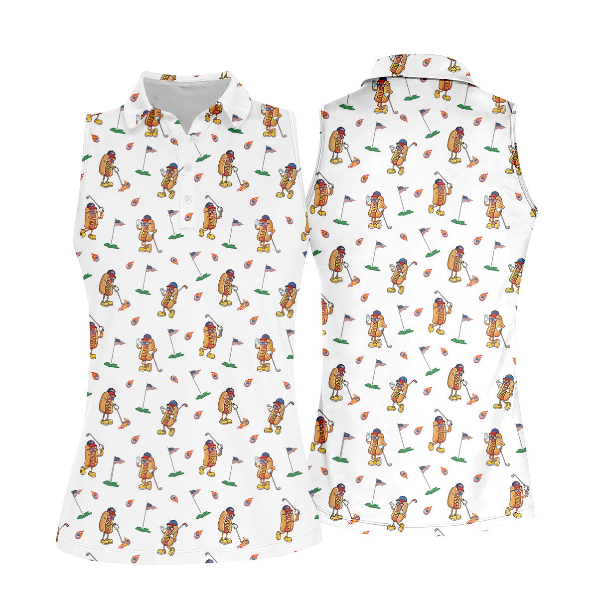 Cartoon Hot Dogs American Flag Pattern 250th Anniversary White Golf Shirt, Women's Golf Tops, Ladies Golf Shirt
