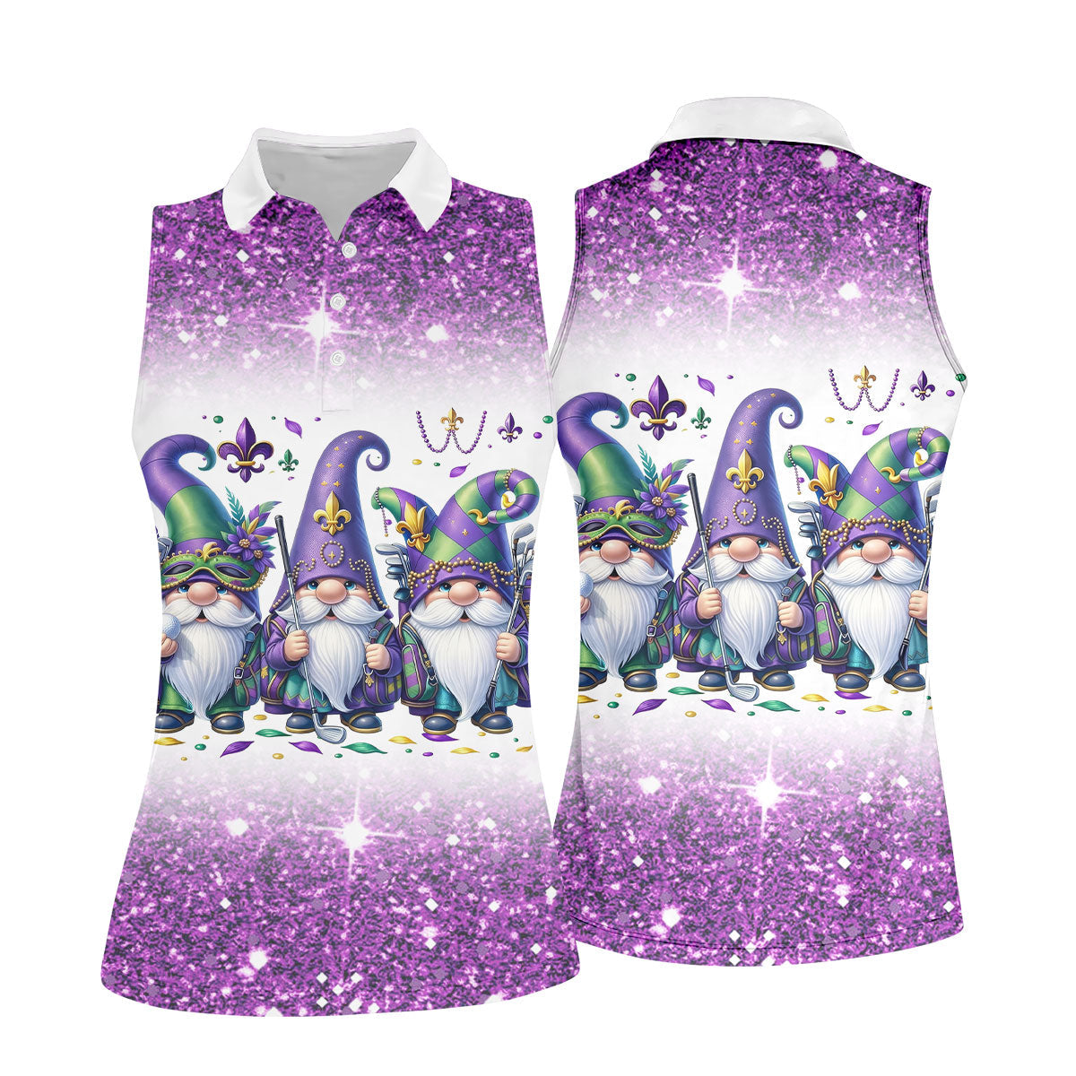 Mardi Gras Gnomes Fleur De Lis Glitter Effect Ladies Golf Tops, Women's Golf Shirts, Ladies Golf Polos