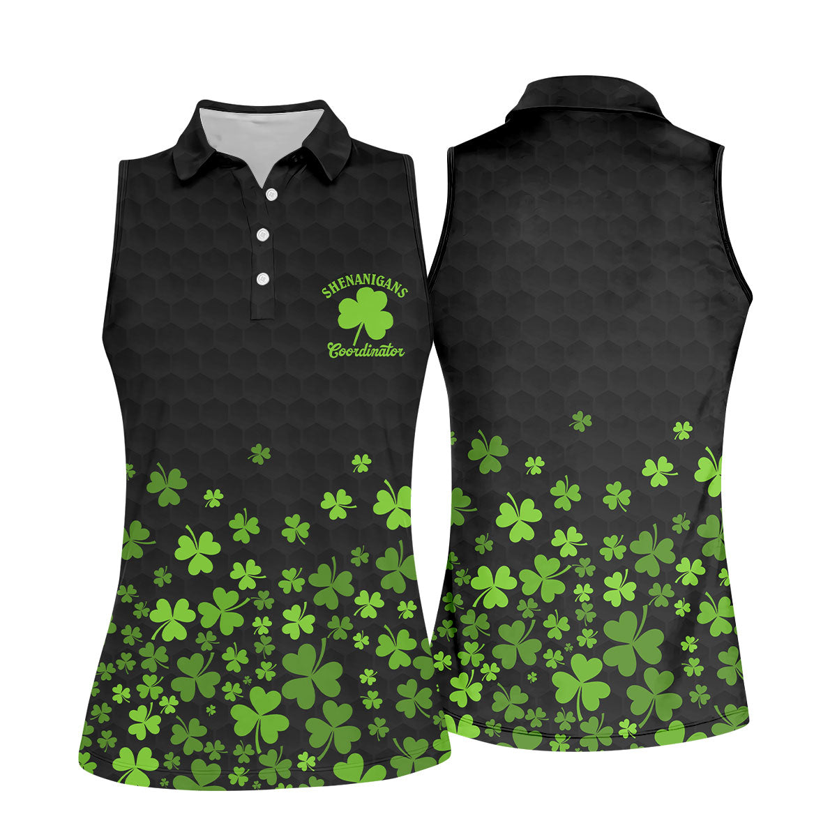 Shenanigans Coordinator Golf Ball Pattern St Patrick Day Black Golf Shirt, Women's Golf Tops, Ladies Golf Polos