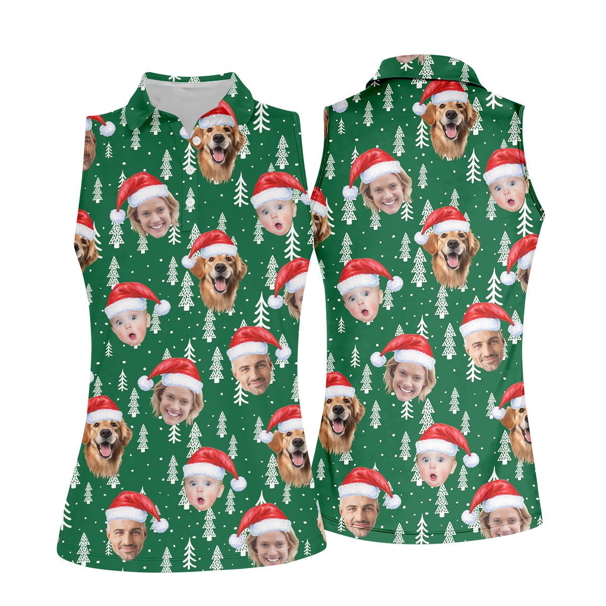 Custom Face Snow Pine Tree Green Golf Shirt, Christmas Golf Shirt, Women's Golf Tops, Golf Gift For Ladies