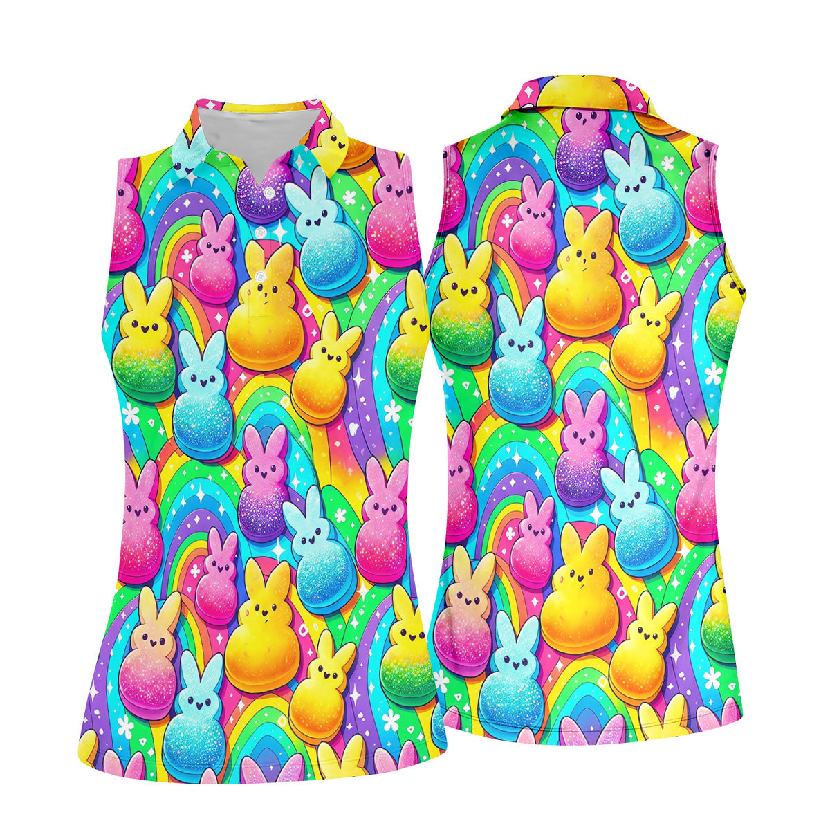 Colorful Easter Peeps Rainbow Pattern Women Golf Top, Cute Golf Outfit, Ladies Golf Shirts
