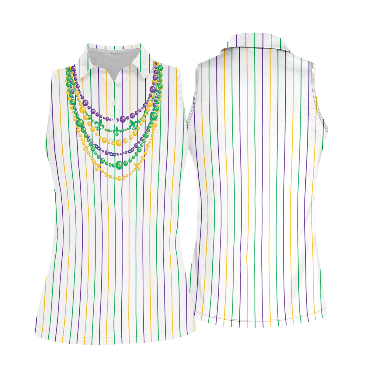 Mardi Gras Beads Necklaces Print White Golf Shirt, Women's Golf Shirts, Ladies Golf Polos, Golf Shirt For Women