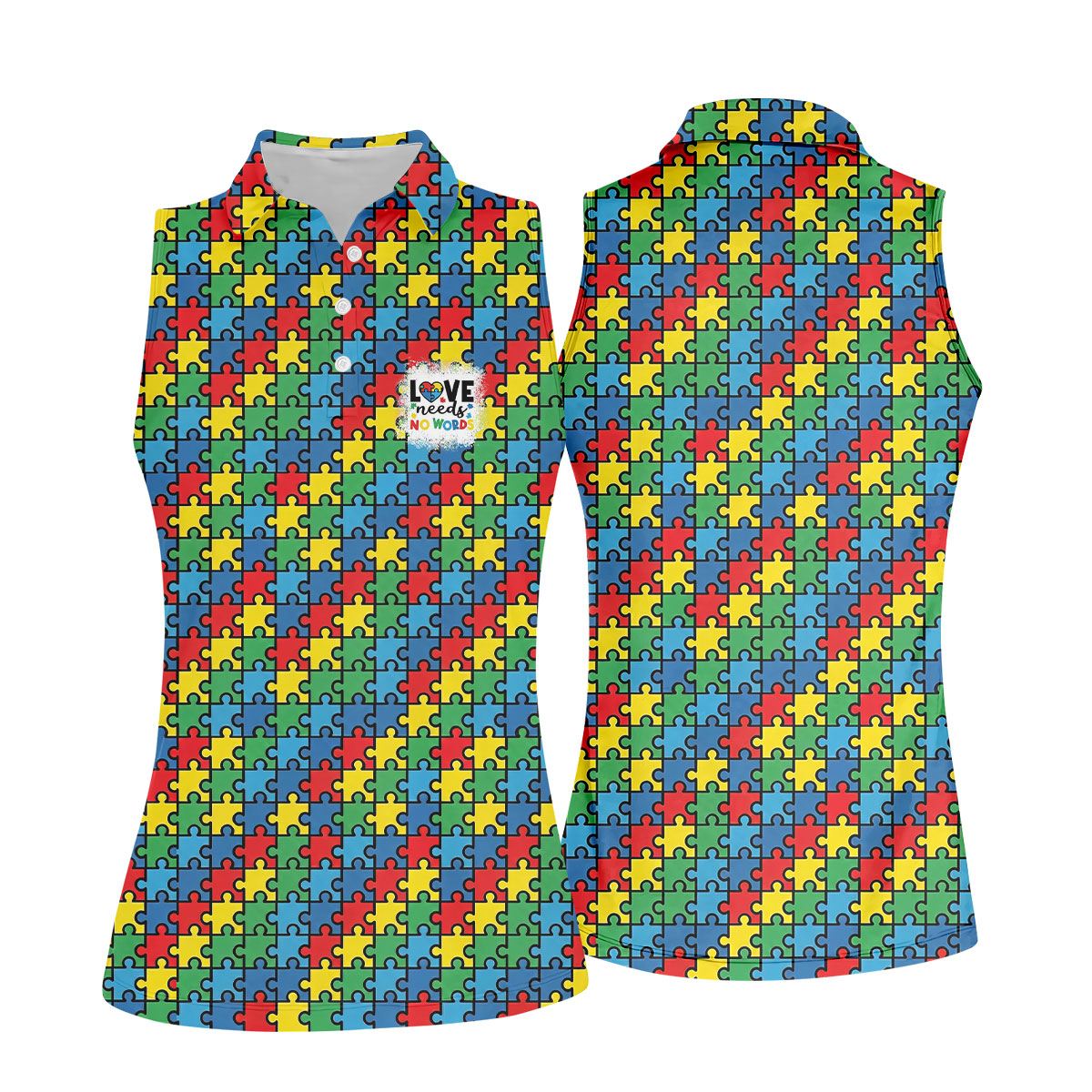 Love Needs No Words Autism Awareness Jigsaw Puzzle Pieces Golf Shirt For Women, Ladies Golf Polos