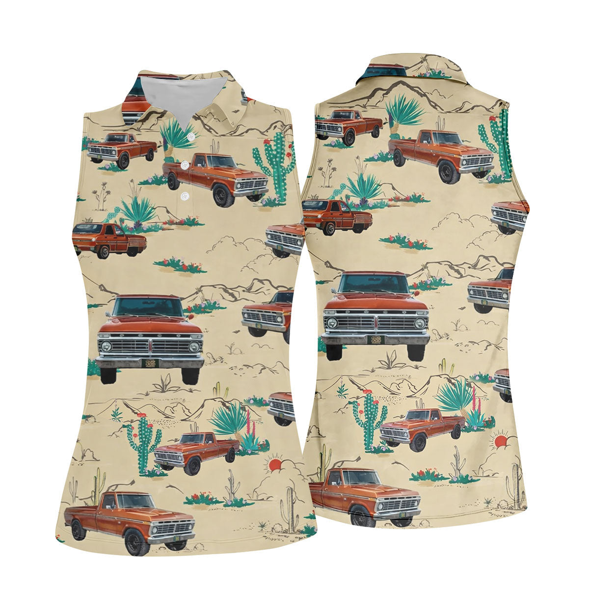 Personalized Pickup Truck Golf Shirt, Southwestern Desert Cactus Pattern, Golf Shirt For Women
