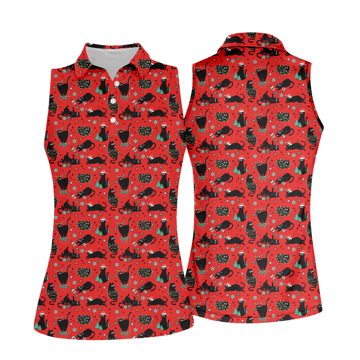 Xmas Black Cat Ladies Golf Tops, Red Golf Shirt, Golf Gifts For Women, Christmas Golf Shirt