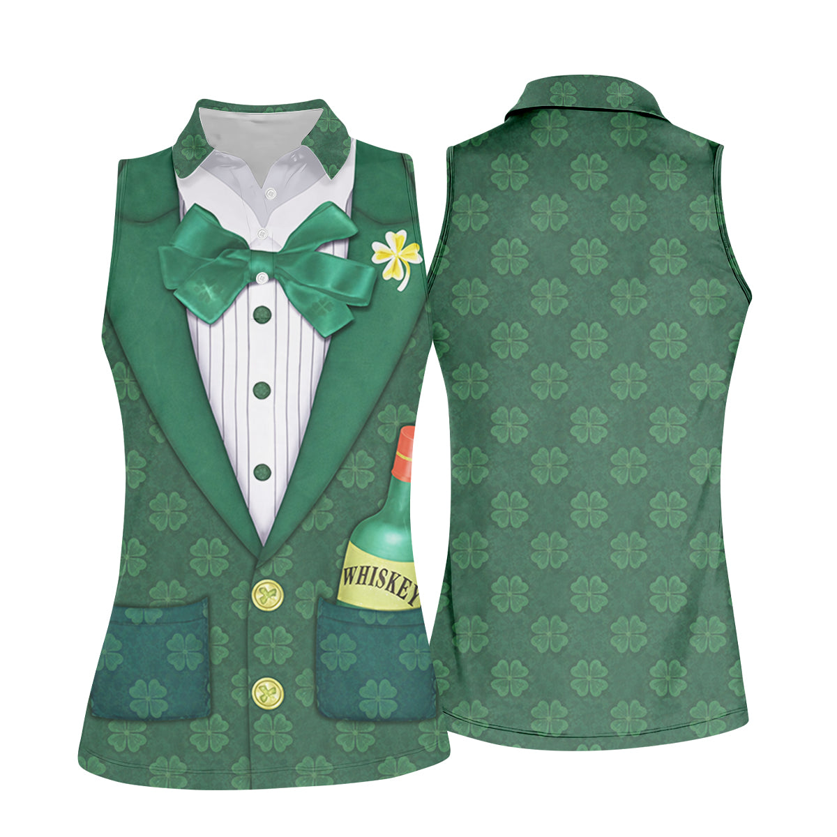 St Patrick's Day Green Shamrock Suit Whiskey Golf Print Golf Shirt, Women's Golf Tops, Ladies Golf Polos