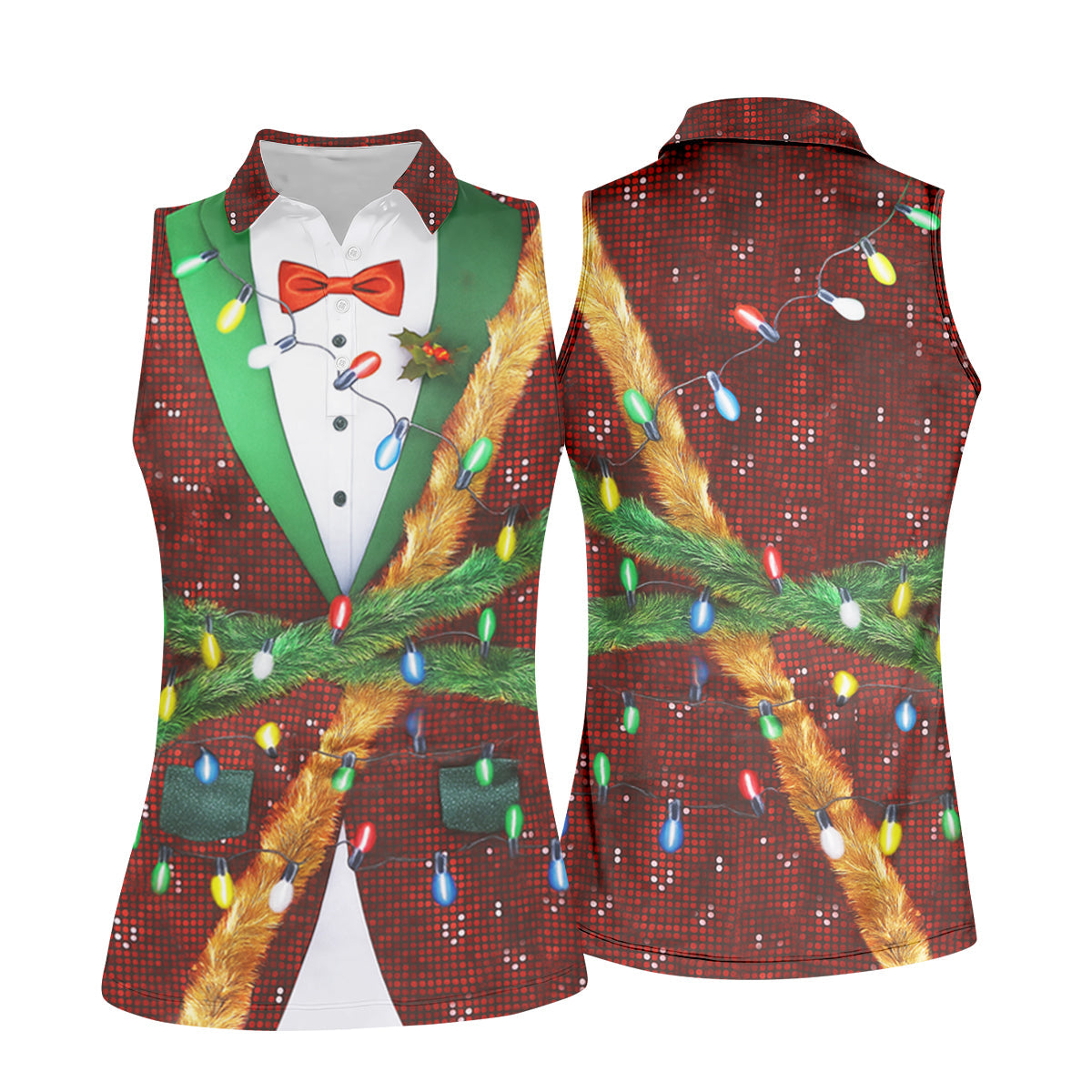 Christmas Lights Disco Ball Pattern Women Golf Top, Christmas Golf Shirt, Ladies Golf Tops